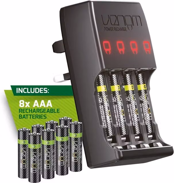 Venom Plug In Wall Battery Charger with 8 x AAA Rechargeable Batteries, Black