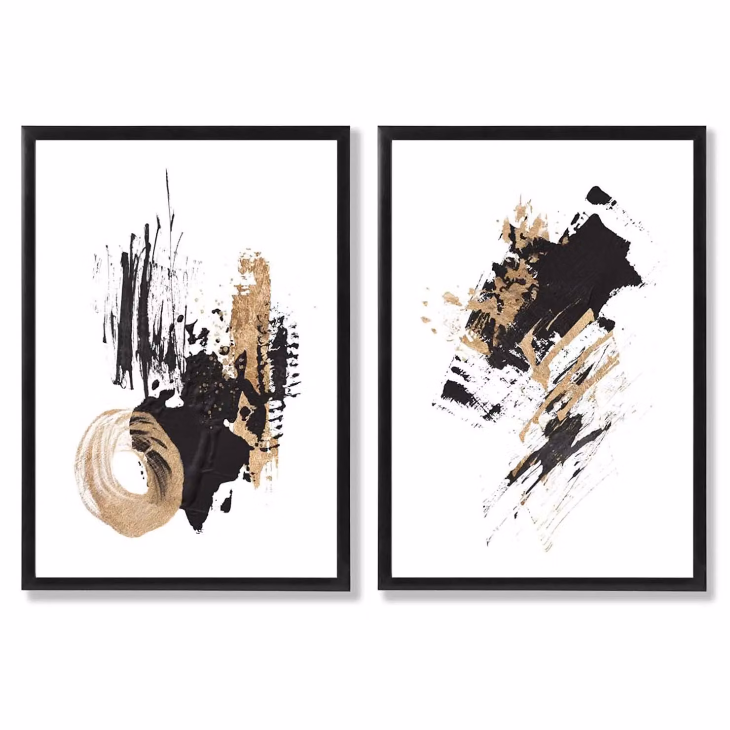 ARTZE Set of 2 Black and Gold Abstract Oil Strokes Art Prints in Black Wood Frames, Size: A3 – 2