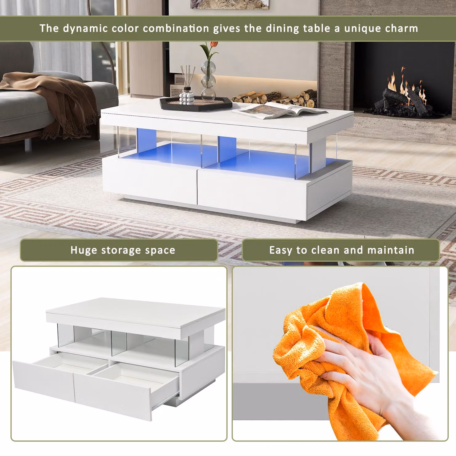Aosom UK High-Gloss LED Coffee Table with App-Controlled Lights in White, W: 100 cm, D: 60 cm, H: 49.5 cm – 3