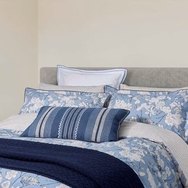 Bedeck of Belfast Liyana Super Kingsize Cotton Percale Duvet Cover and Pillowcase Set, Blue, W: 200 cm x D: 200 cm