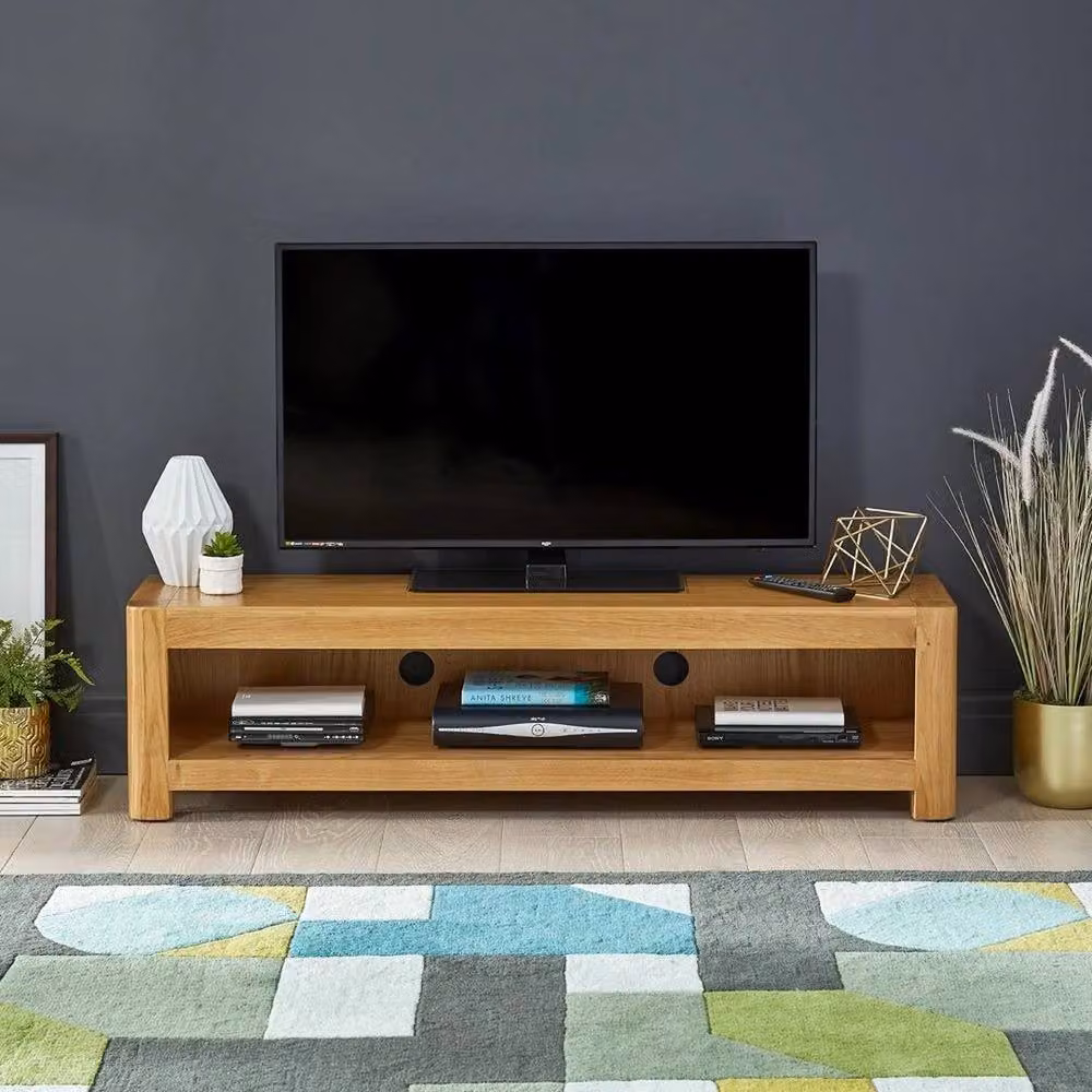 FORGEVIO Soho Oak Widescreen TV Unit in Natural Brown with Media Compartments – 4