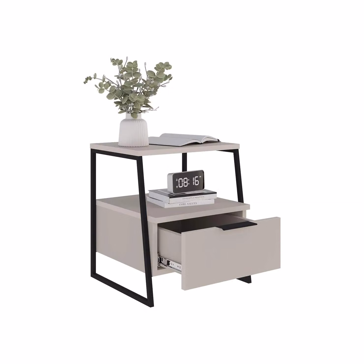 FWStyle Sandstone 1 Drawer Bedside Chest with Open Shelf in Beige and Black – 2