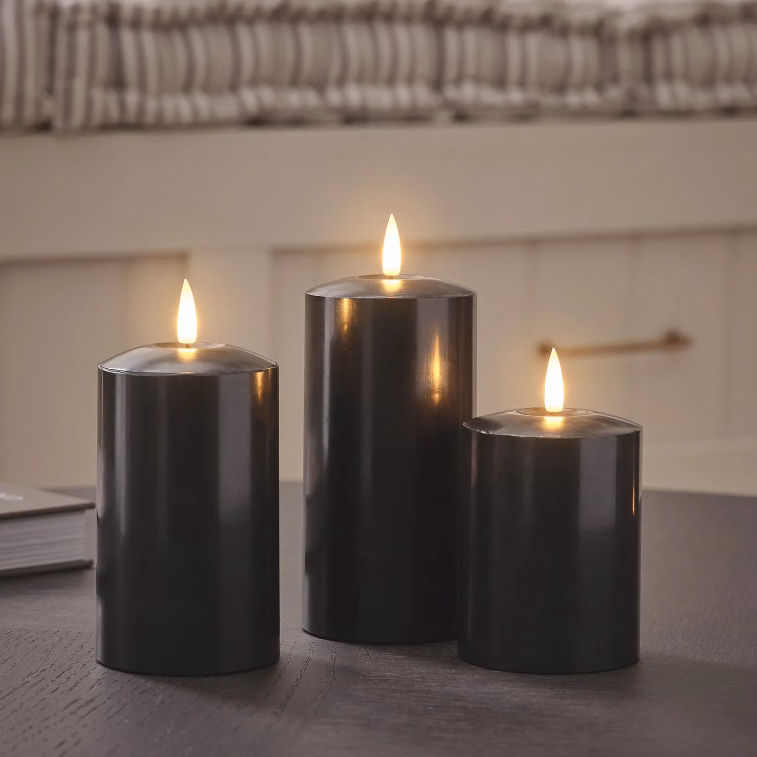 TruGlow® Black LED Pillar Candle Trio with Flicker Effect and Timer