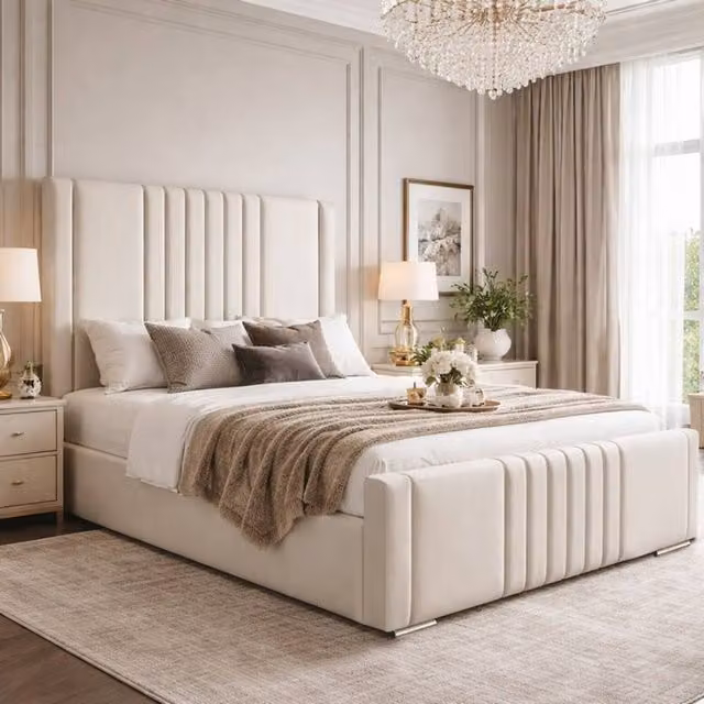 Desire Deco Haisley Upholstered Plush Velvet Panel Bed Frame in Beige, Size: Single (90 x 200 cm) – 1