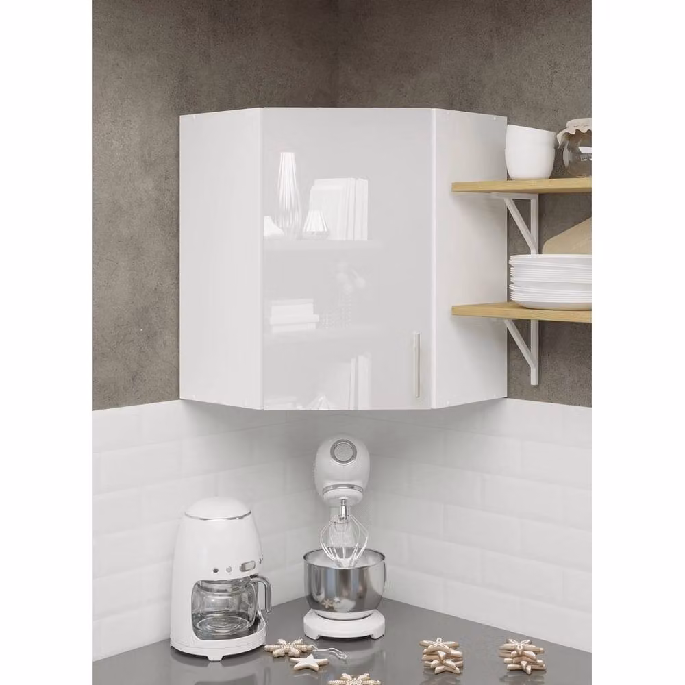 SPETLEK Modern Glossy White Kitchen Wall Corner Unit Storage Cabinet with Hinged Doors and Internal Shelves – 2