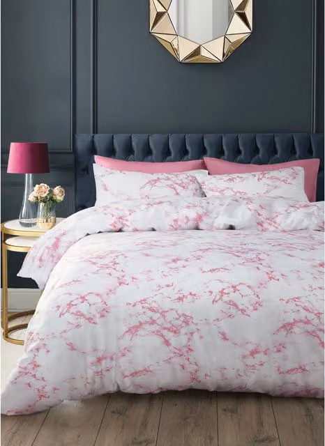 Velosso Marble Duvet Cover and Pillowcase Set in Pink, Cotton Blend, W: 180 cm, H: 200 cm