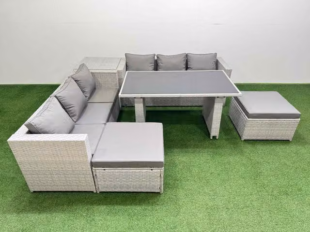 Fimous 8-Seater Patio Rectangular Table Sofa Set with Side Table and 2 Stools in Light Grey
