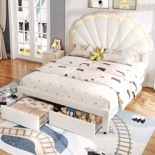 Matteo Upholstered Double Bed in Beige with Under-Bed Lighting and Drawers, W: 140 cm, D: 200 cm – 1