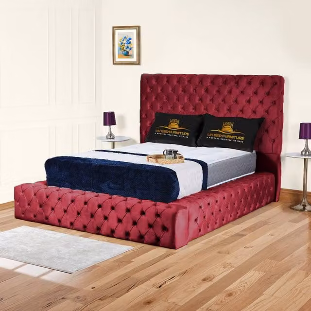 UK Bed Furniture Ambassador Ottoman Gas Lift Upholstered Velvet Bed in Red, W/D/H: 90 x 190 cm