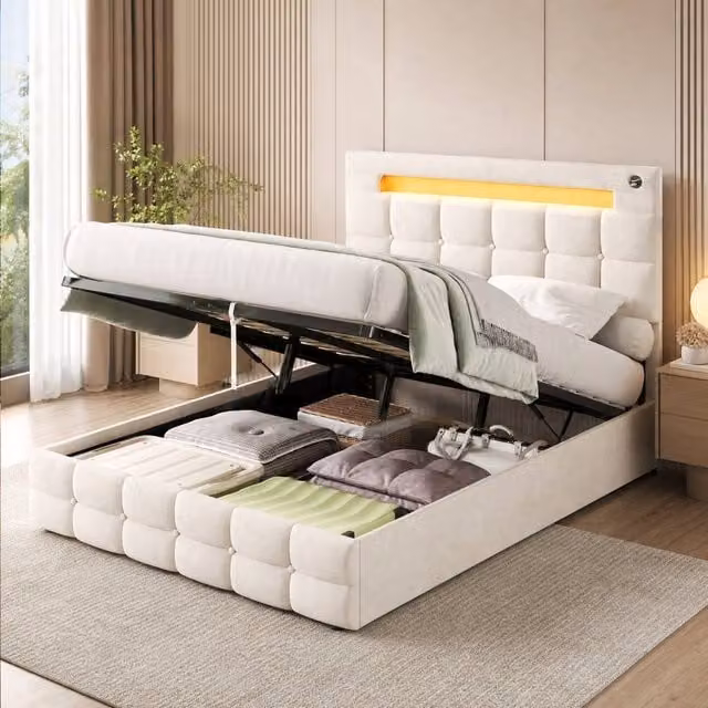 STILVORA Double Ottoman Bed with Storage, LED Lighting and USB Charging Station in Beige Velvet Fabric – 1