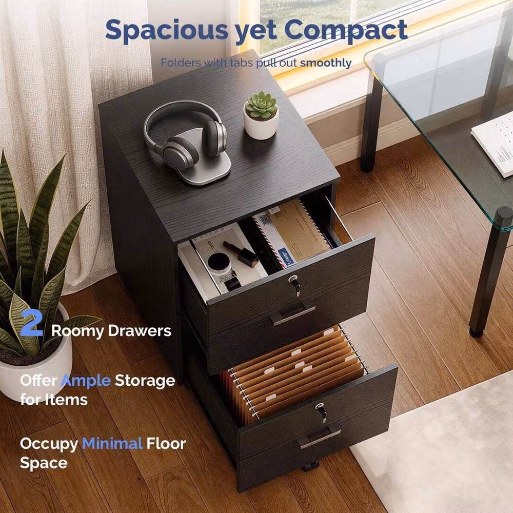 EONLION 2 Drawer Rolling File Cabinet in Black with Lock and Castors – 4
