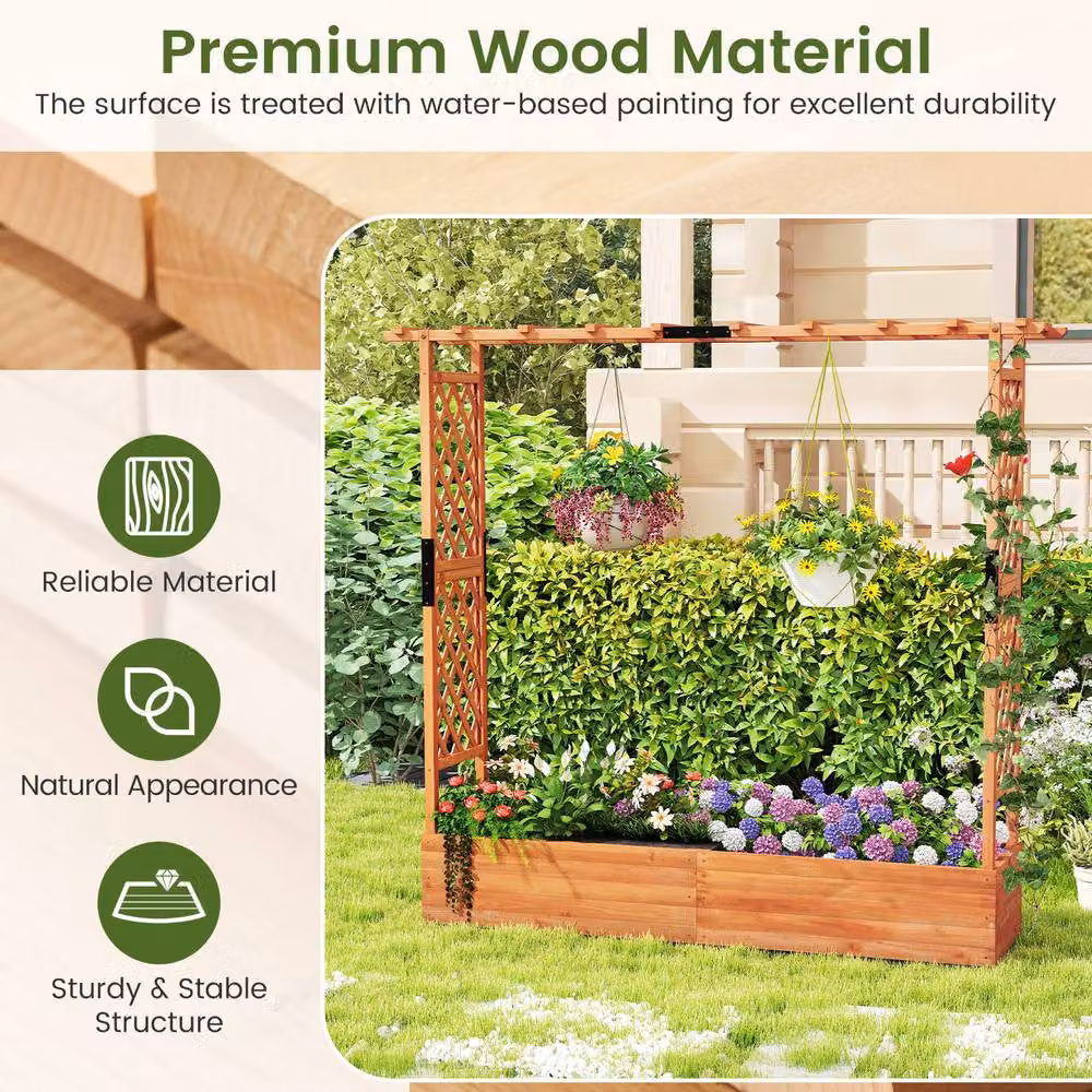Costway Wooden Raised Garden Bed Planter Box with Trellis in Brown, W/D/H: 182.0 x 174.0 x 41.0 cm – 7