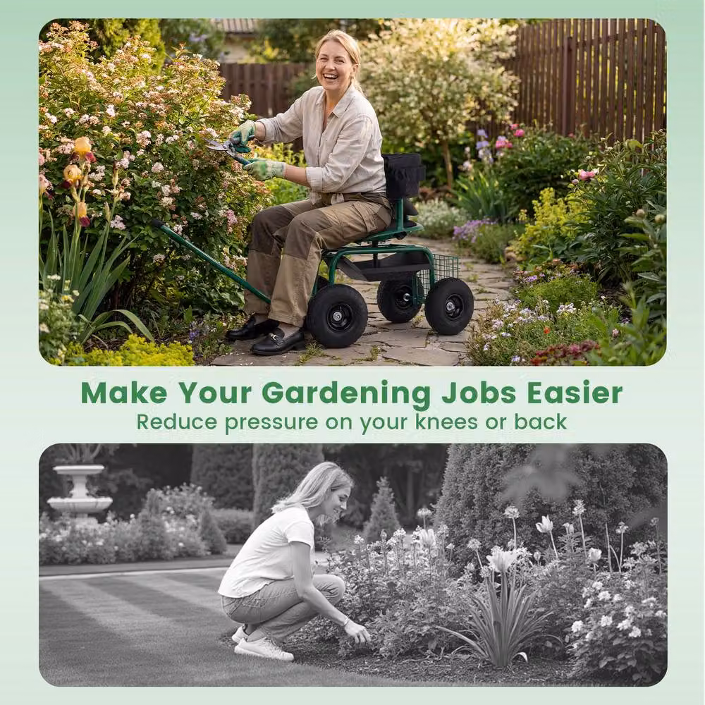 Costway Rolling Garden Work Seat with Wheels and Swivel Seat in Green – 3