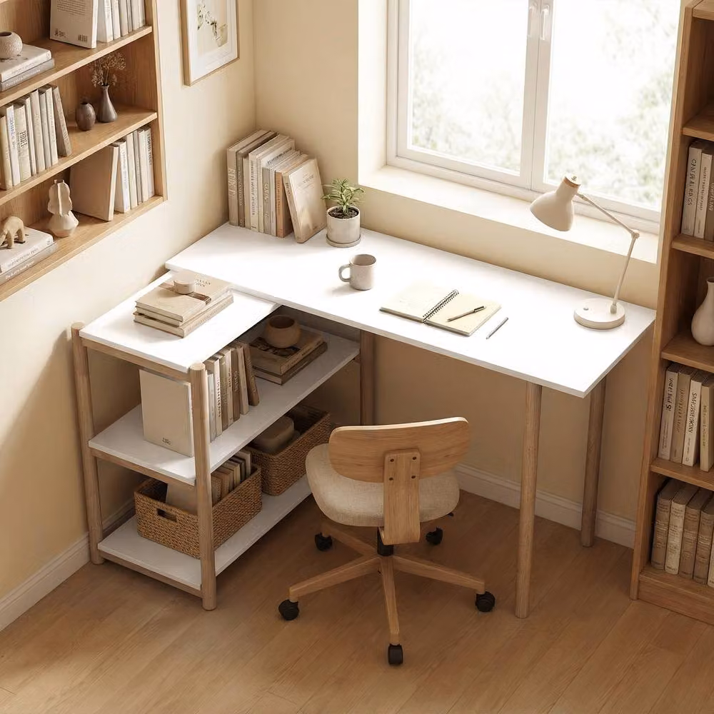 HOMCOM Computer Desk with Storage Shelves in White and Oak – 2