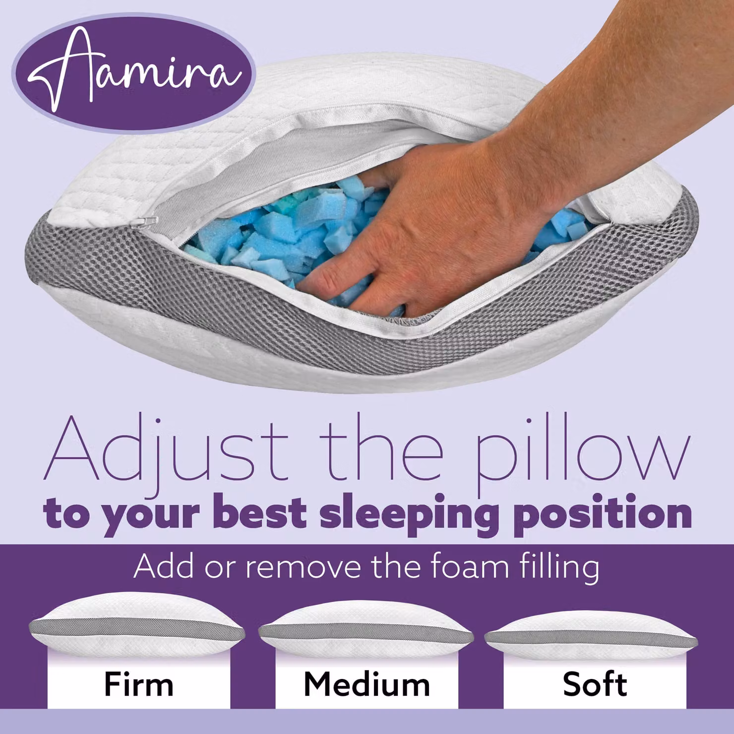 Aamira Luxury Shredded Memory Foam Orthopaedic Pillow with Washable Bamboo Cover, White, W: 70 cm, D: 45 cm – 5