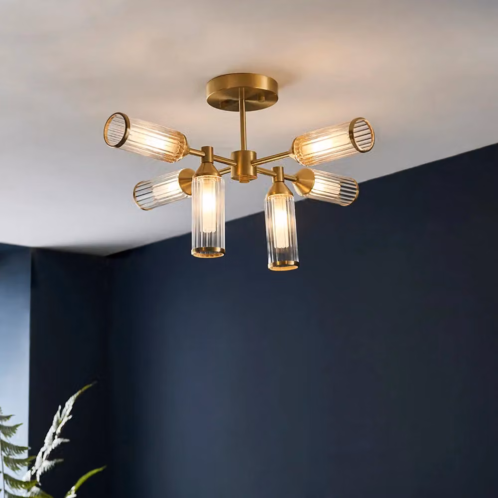 Loops Brass Semi Flush 6 Bulb Ceiling Light with Transparent Ribbed Glass Shades in Gold/Brass – 2