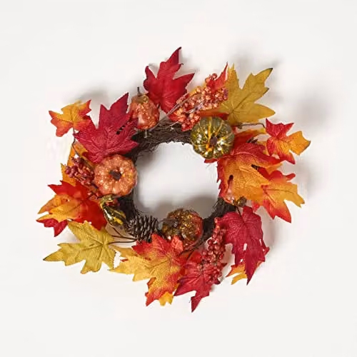 HOMESCAPES Autumn Wreath in Orange, Yellow and Green with Wheat and Leaves, Width: 40 cm – 1
