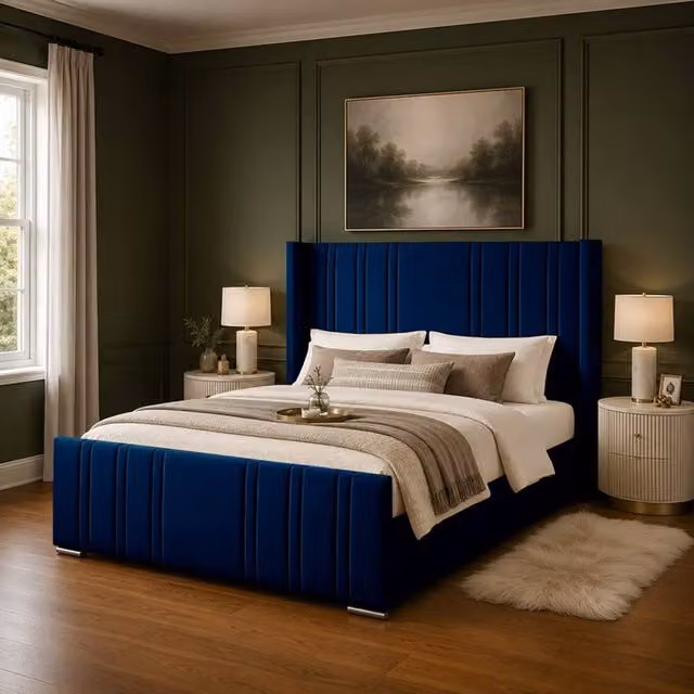 Desire Deco Luxury Gerald Wingback Upholstered Bed Frame in Blue Velvet, Size: Double (140 x 200 cm)