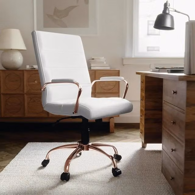 FWStyle White PU Leather Ergonomic Office Chair with Rose Gold Frame and Lumbar Support, W/D/H: 61.0 x 76.7 x 113.4 cm
