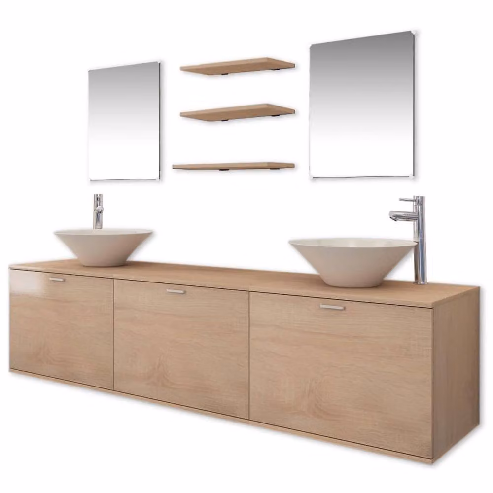 Berkfield Home Ten Piece Modern Beige Bathroom Furniture Set with Vanity Unit and Wall Cabinet – 2