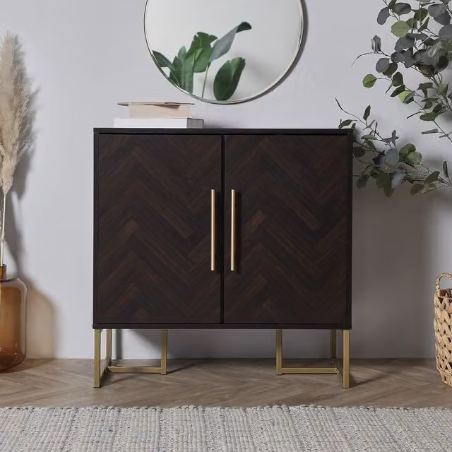 Spinningfield York Chevron Parquet Design 2 Door Sideboard Unit in Dark Brown with Gold Details W/D/H: 80 x 39 x 80 cm – 1