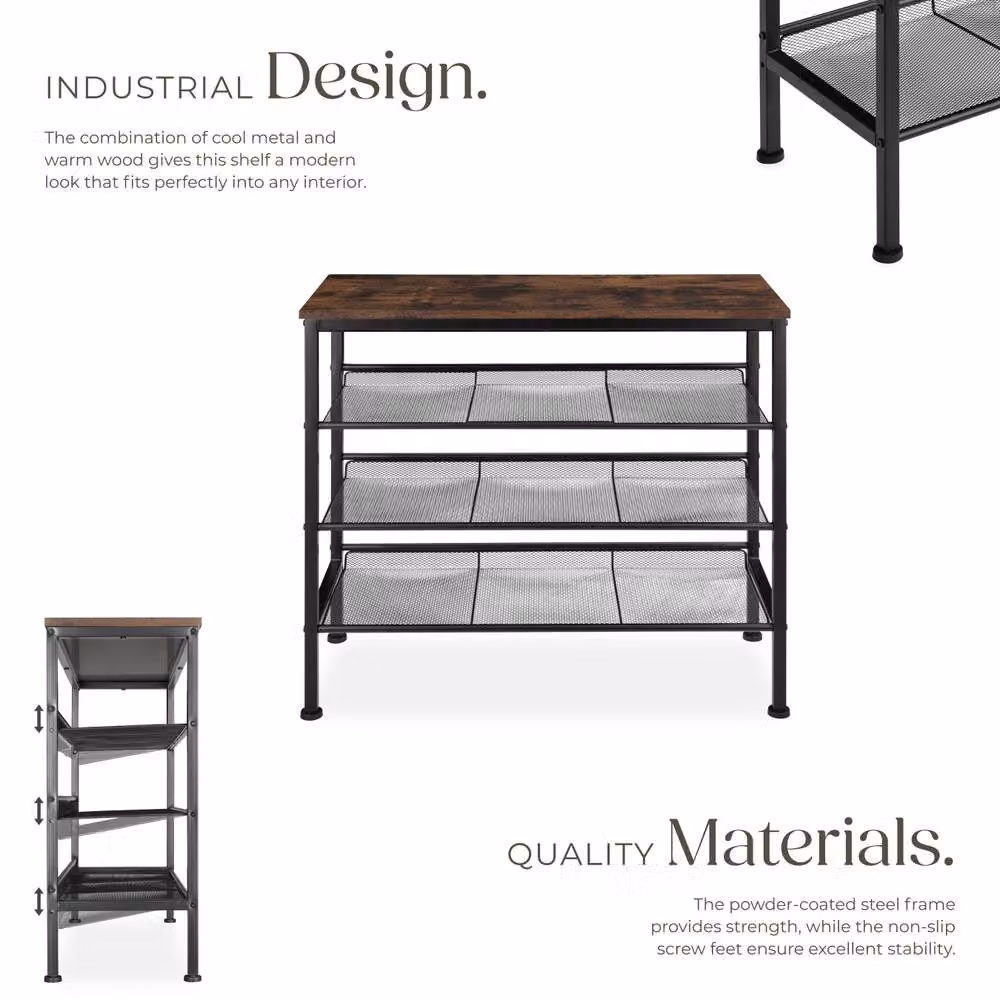 tectake 4-Tier Shoe Rack with Adjustable Shelves and Black Metal Frame in Brown and Black, W/D/H: 75.5 x 30.5 x 69.5 cm – 9