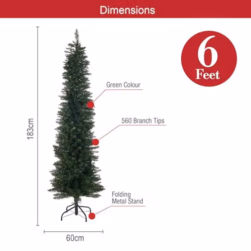The Christmas Workshop 6ft Slimline Green Artificial Christmas Tree with Metal Stand – 5