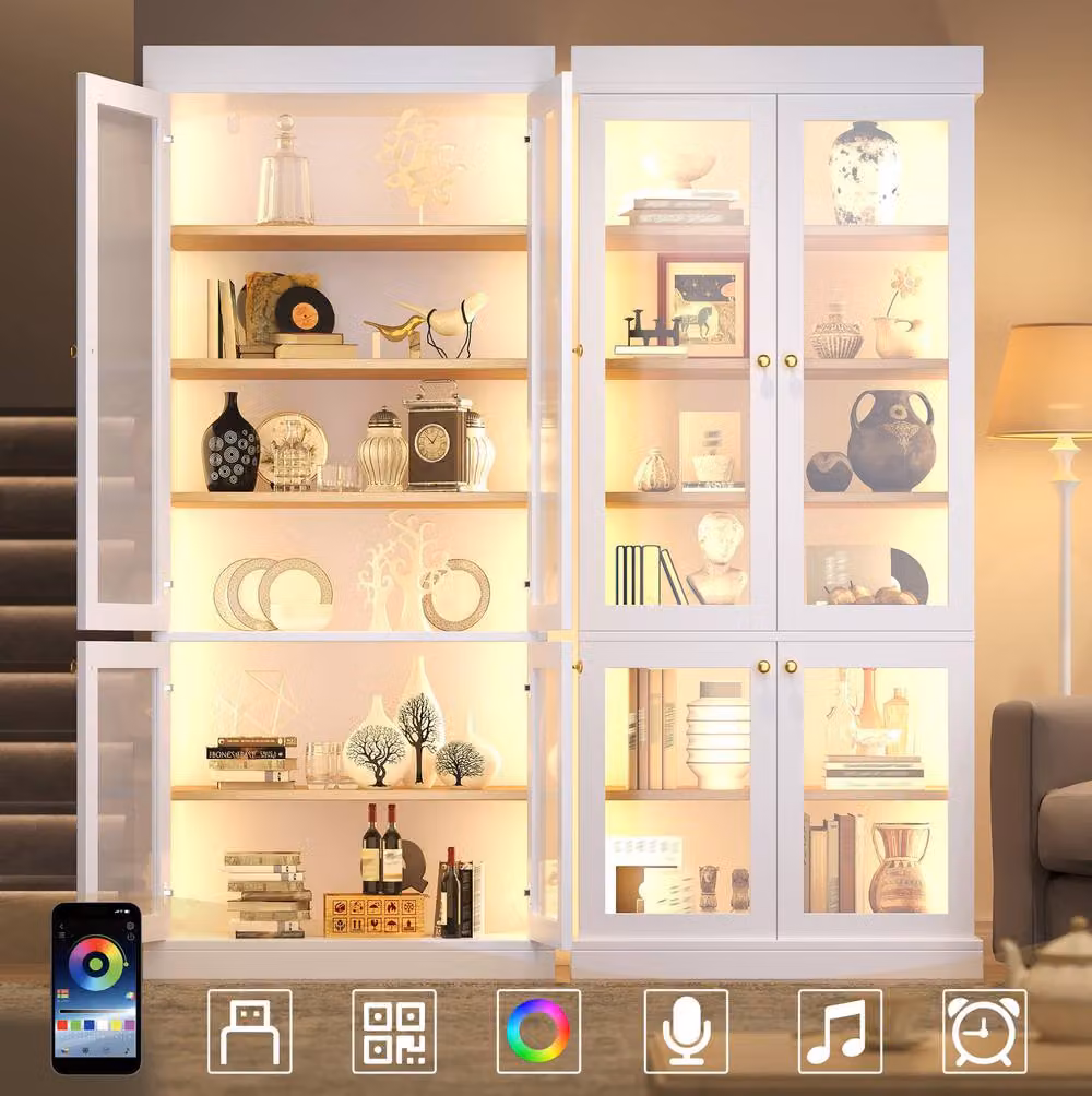STILVORA White Modern Storage Cabinet with Glass Doors, Integrated LED Lighting and Internal Shelves, H: 180.0 cm, W: 80.0 cm – 2