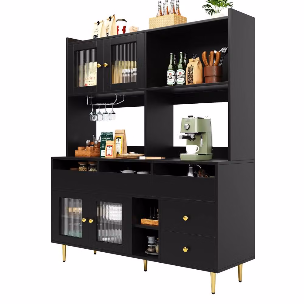 Rolipo Black and Gold Modern High Sideboard with Fluted Glass Doors and Wine Rack – 6