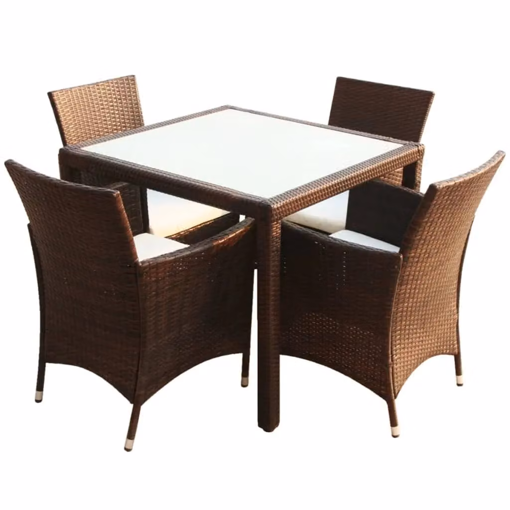 Berkfield Home 5 Piece Brown Poly Rattan Outdoor Dining Set with Glass Top and Cushions – 2