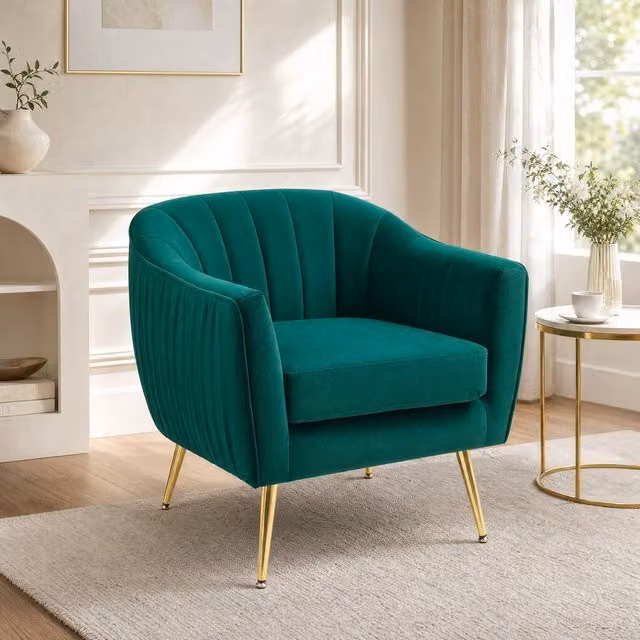 STILVORA Green Velvet Tub Armchair with Metal Legs – 1