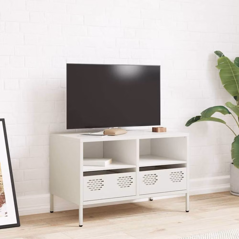 Berkfield Home White Industrial TV Cabinet in Matt Cold-rolled Steel, W: 68 cm, D: 39 cm, H: 43.5 cm – 3