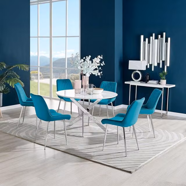 FurnitureboxUK Novara White High Gloss Round Dining Table with 6 Pesaro Silver and Blue Chairs, Diameter: 120 cm