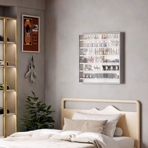 HOMCOM Wall Mounted 7-Tier Display Cabinet with Glass Doors and Internal Shelves, Grey – 6