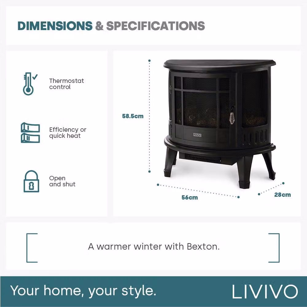 LIVIVO 1800W Log Fire Effect Panoramic Glass Heater in Black – 7