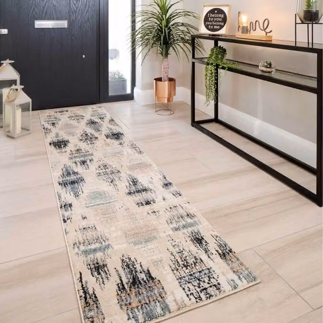 The Rug House Vintage Distressed Diamond Trellis Living Area Rug in Beige, Blue and Multicolour, W: 240 cm, D: 60 cm