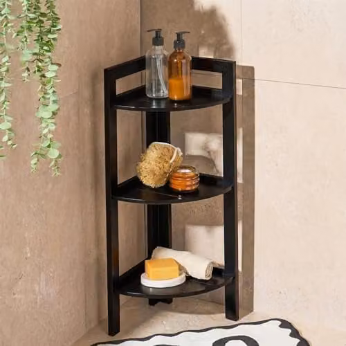 OHS Black 3 Tier Wood Corner Shelf Bookcase, Freestanding Triangular Display Unit, H 65 x W 23 x D 23 cm – 1