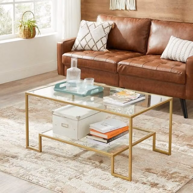 VASAGLE Modern Rectangular Glass Coffee Table with Storage in White