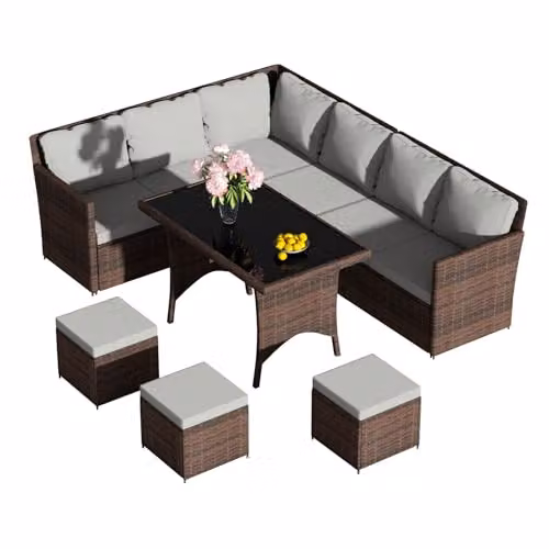 Birchtree 9 Seater L-Shape Rattan Garden Furniture Set with Coffee Table and Ottoman in Brown – 2