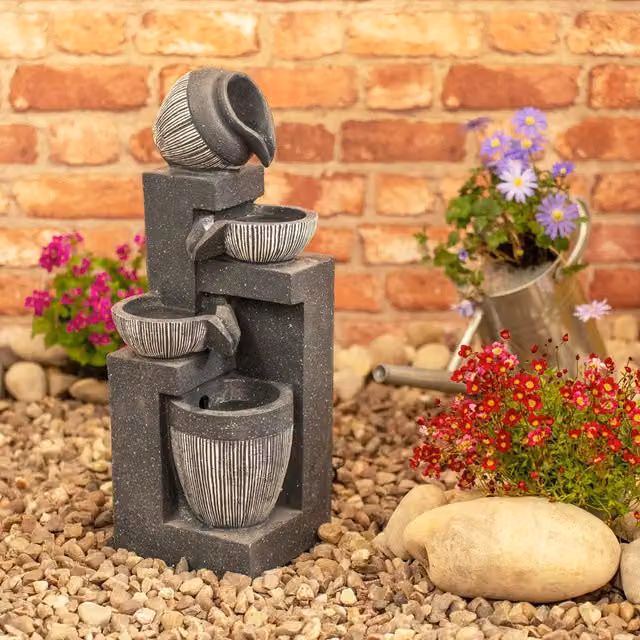 ValueLights Stacking Pots Solar Water Fountain, Grey Round Stone Cascade Tabletop Design