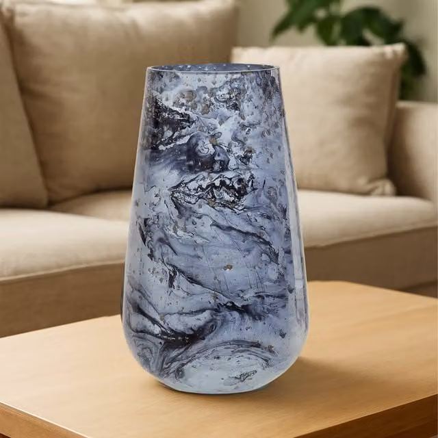 Interiors by Premier Shai Large Abstract Modern Speckled Vase in Beige, Grey and Blue Glass and Ceramic
