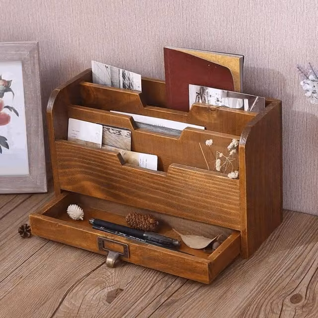 NESTLUNE Wooden Office File Holder Storage Box with Drawer in Brown, W: 100 cm, D: 15 cm, H: 15 cm