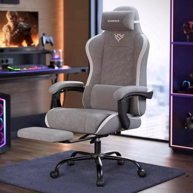 The Bazaarist Ergonomic Gaming Chair with Spring Cushion and Footrest in Grey Synthetic Leather – 1