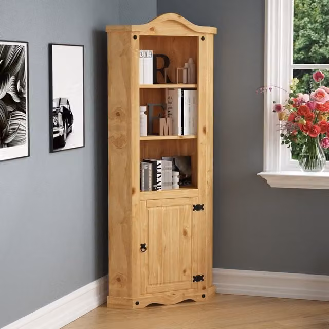 Vida Designs Rustic Waxed Pine Corner Bookcase in Brown