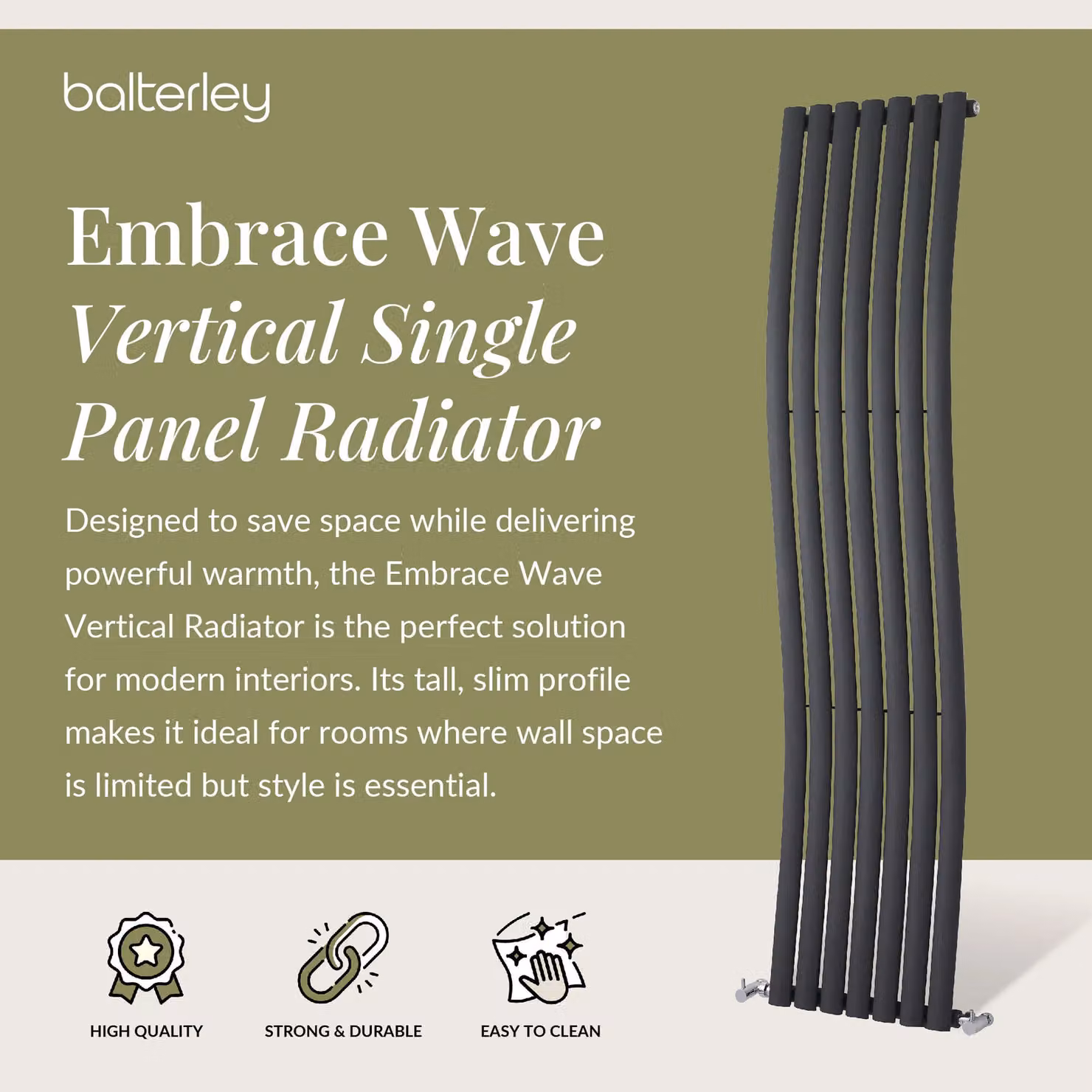 Balterley Embrace Wave Vertical Single Panel Radiator, Grey Anthracite, H 178.5 cm x W 41.3 cm – 2