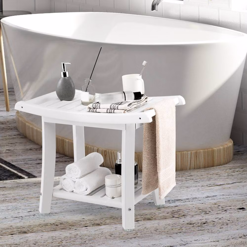 CASART White Bathroom Shower Bench with Shelf and Non-Slip Drainage Seat – 3