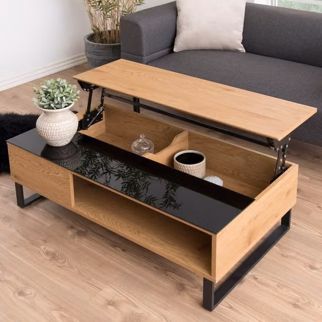 Furniture To Go Azalea Modern Rectangular Lift Up Coffee Table in Black and Oak with Glass and Wood Finish
