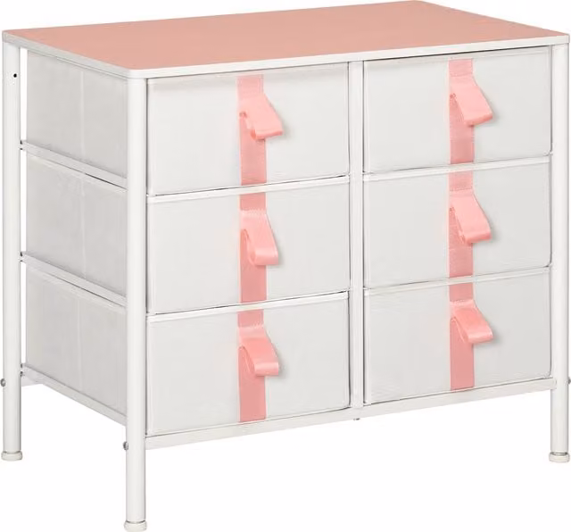 HOMCOM Pink Storage Chest with 6 Fabric Drawers and Wooden Top Metal Frame Dresser for Bedroom or Nursery
