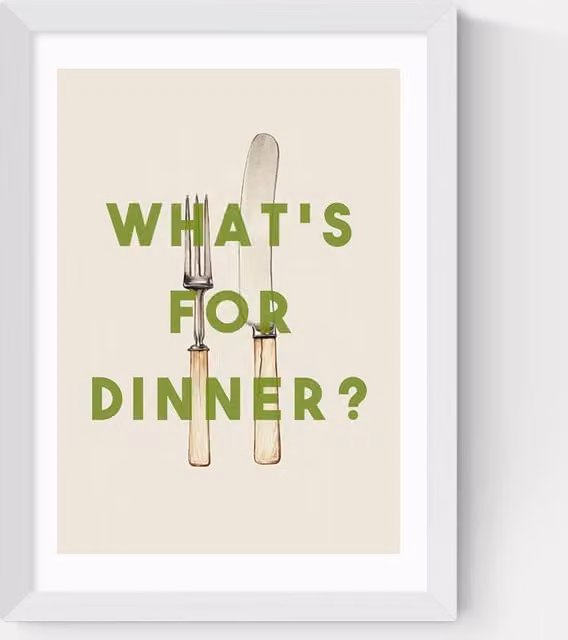 East End Prints What's For Dinner Retro Typography Framed Art in White and Multicolour