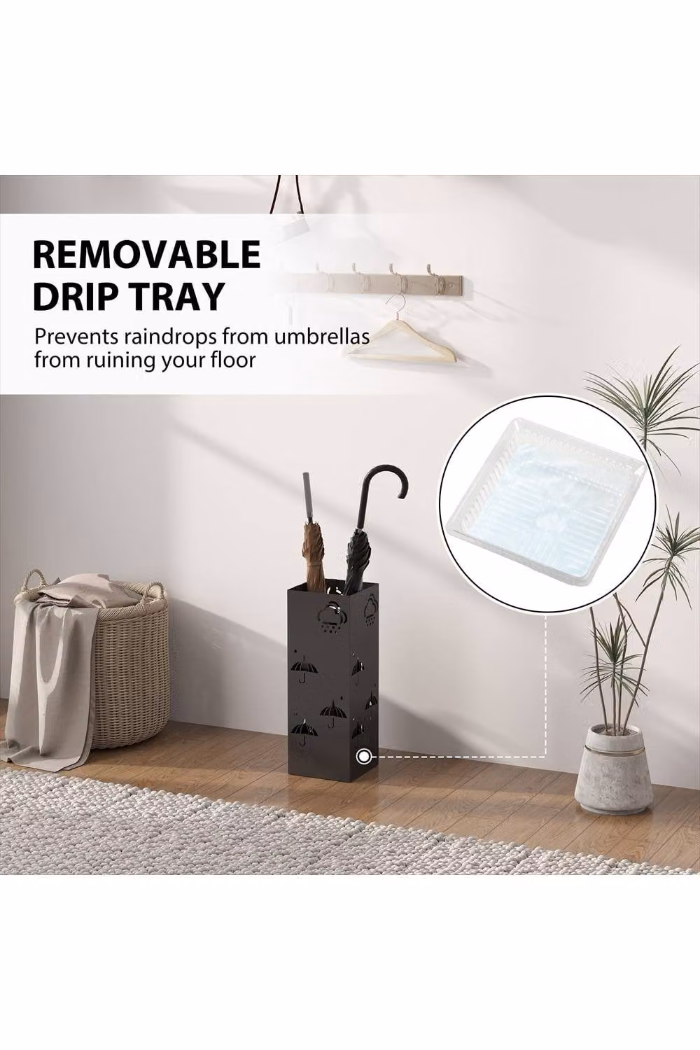 ERGOVEXA Metal Umbrella Stand with Removable Tray, Black, W/D/H: 15.5 x 15.5 x 41 cm – 2